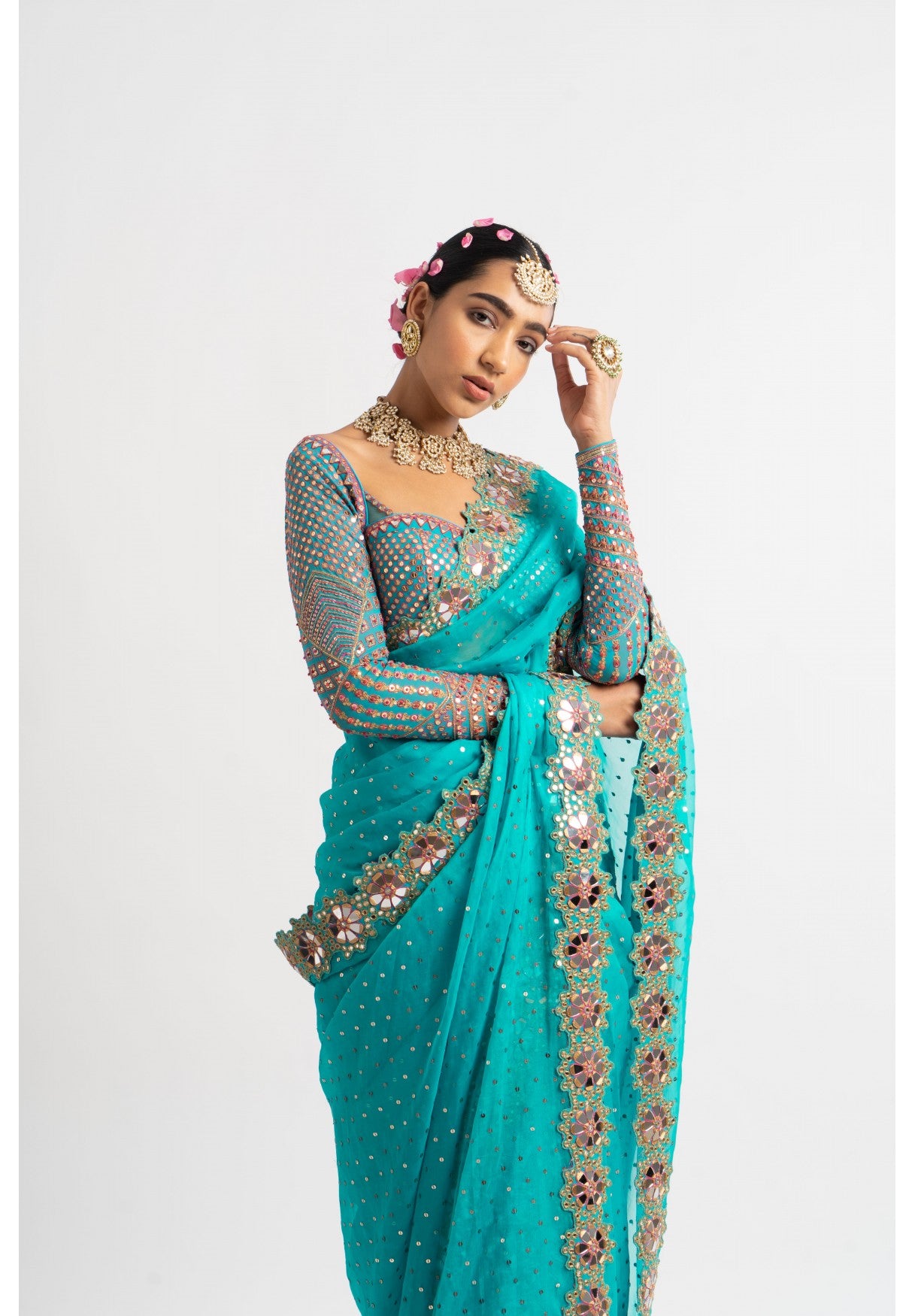 Peacock Green Hand Cut Mirror Border Saree Set