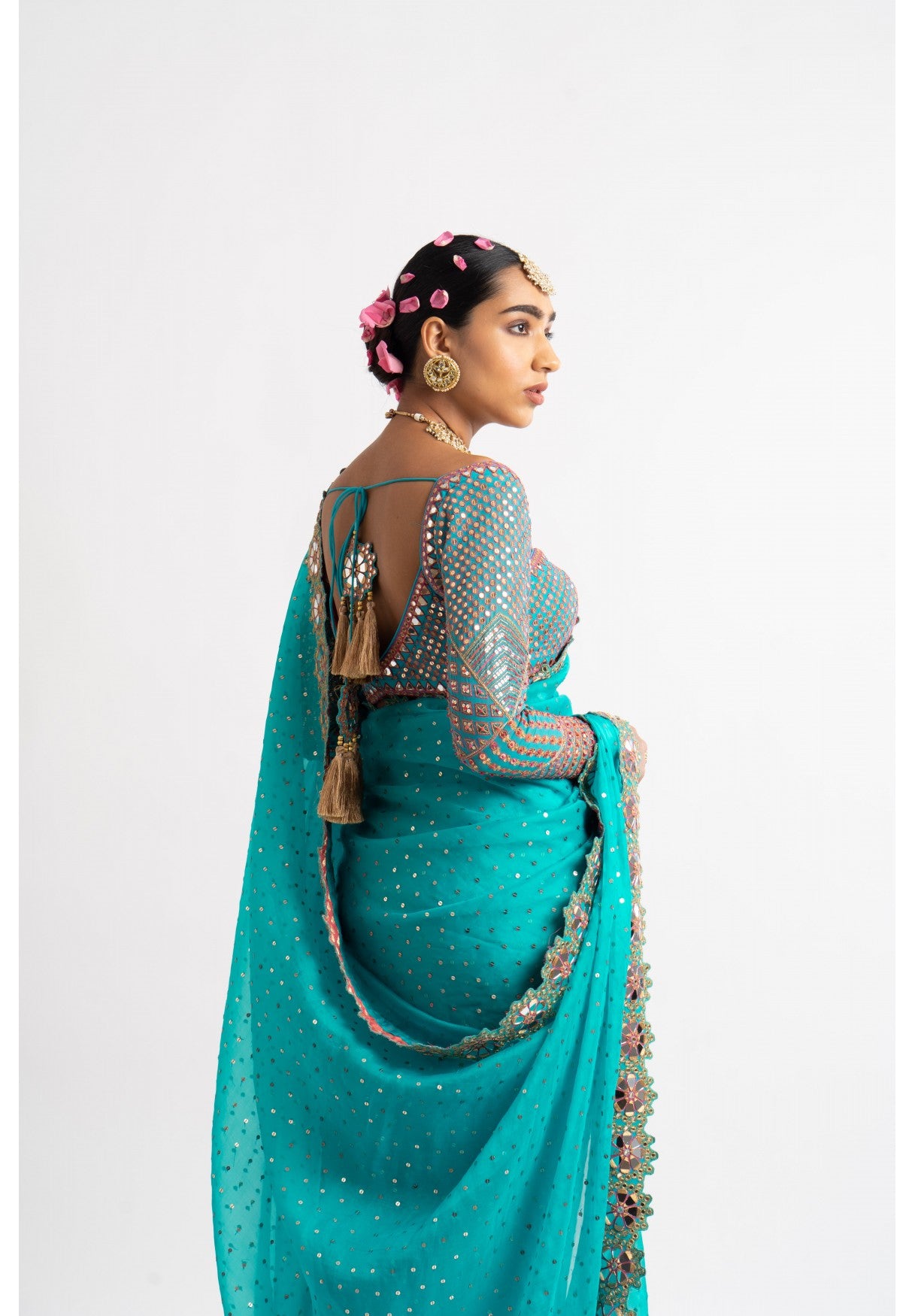 Peacock Green Hand Cut Mirror Border Saree Set