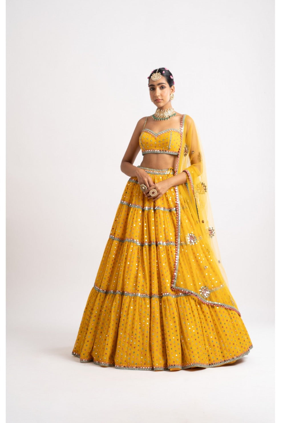 Yellow Noodle Strap Multi Tier Lehenga Set