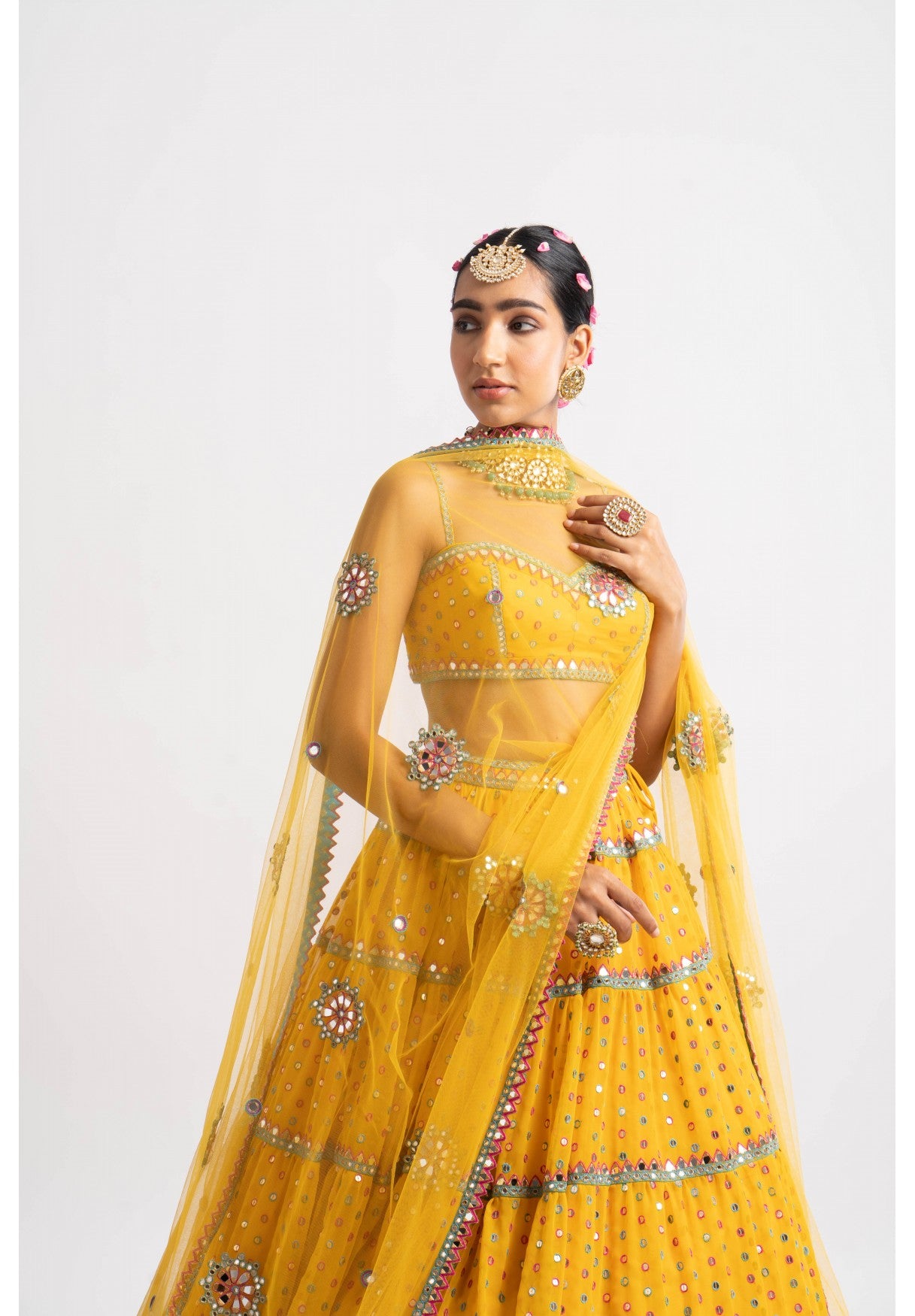 Yellow Noodle Strap Multi Tier Lehenga Set