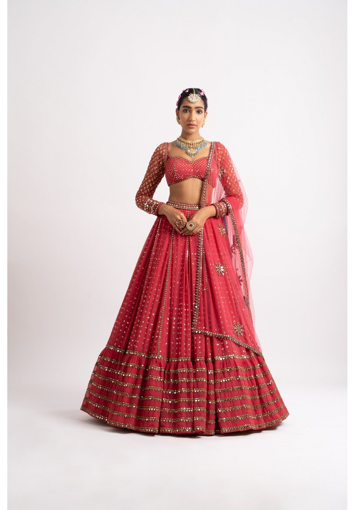 Deep Coral Single Tier Lehenga Set