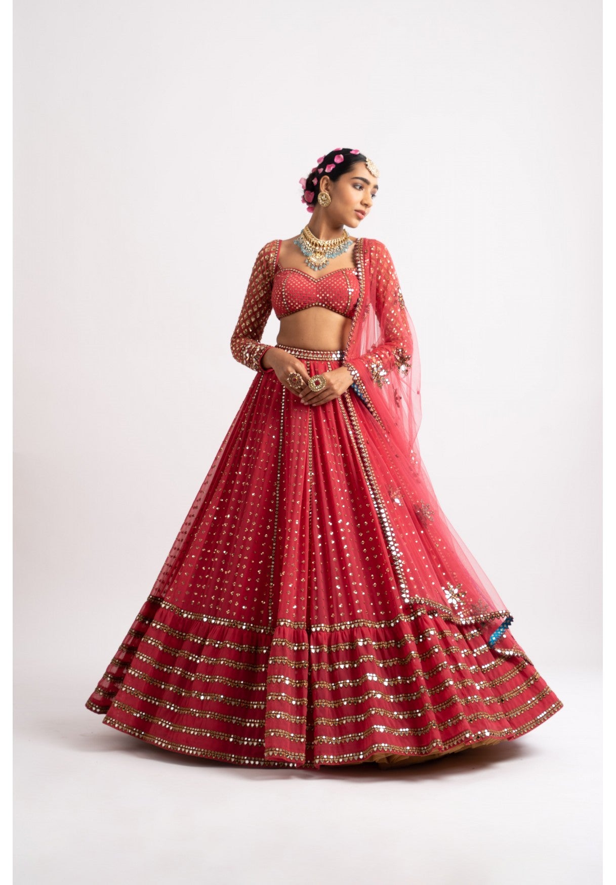 Deep Coral Single Tier Lehenga Set