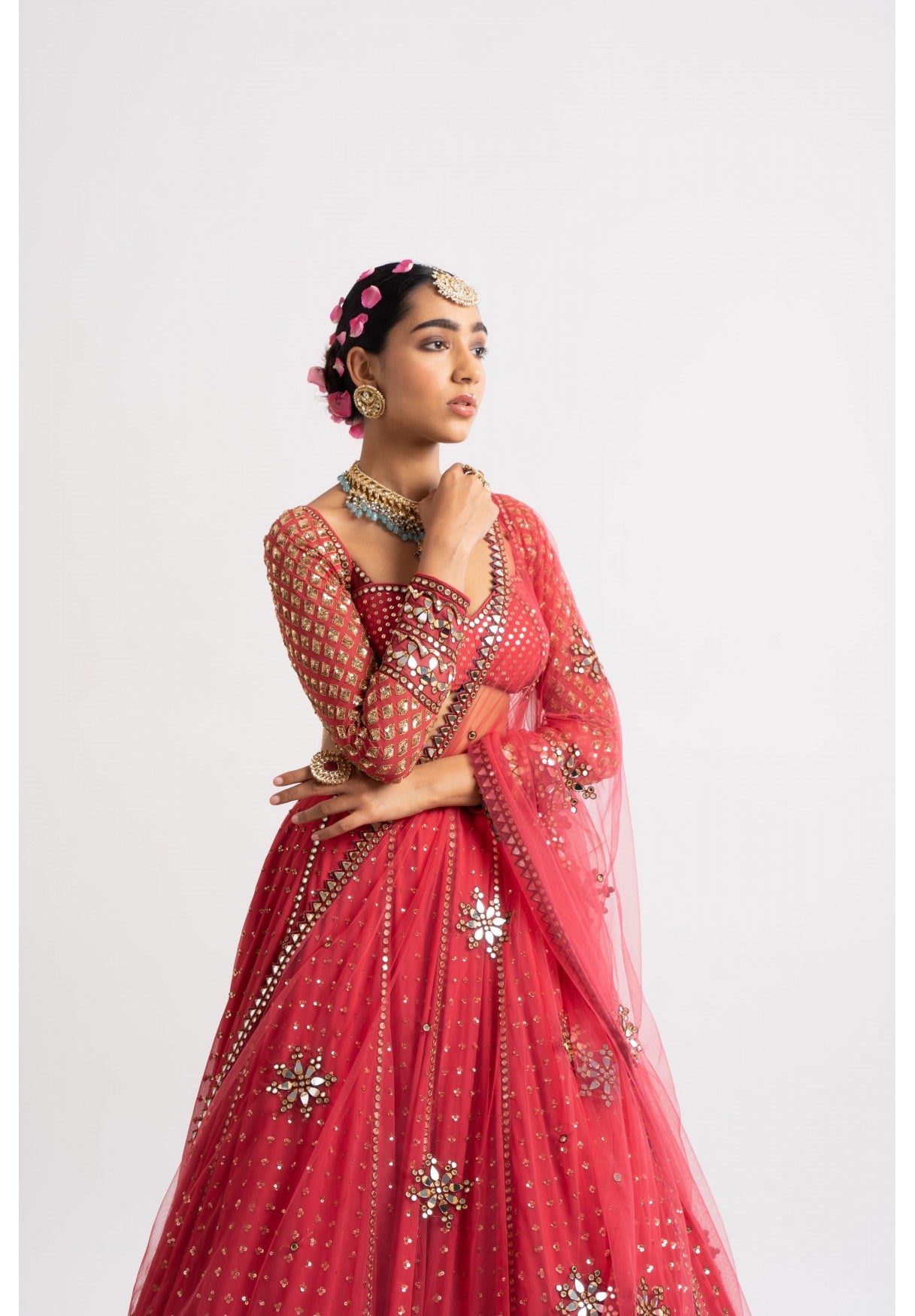 Deep Coral Single Tier Lehenga Set