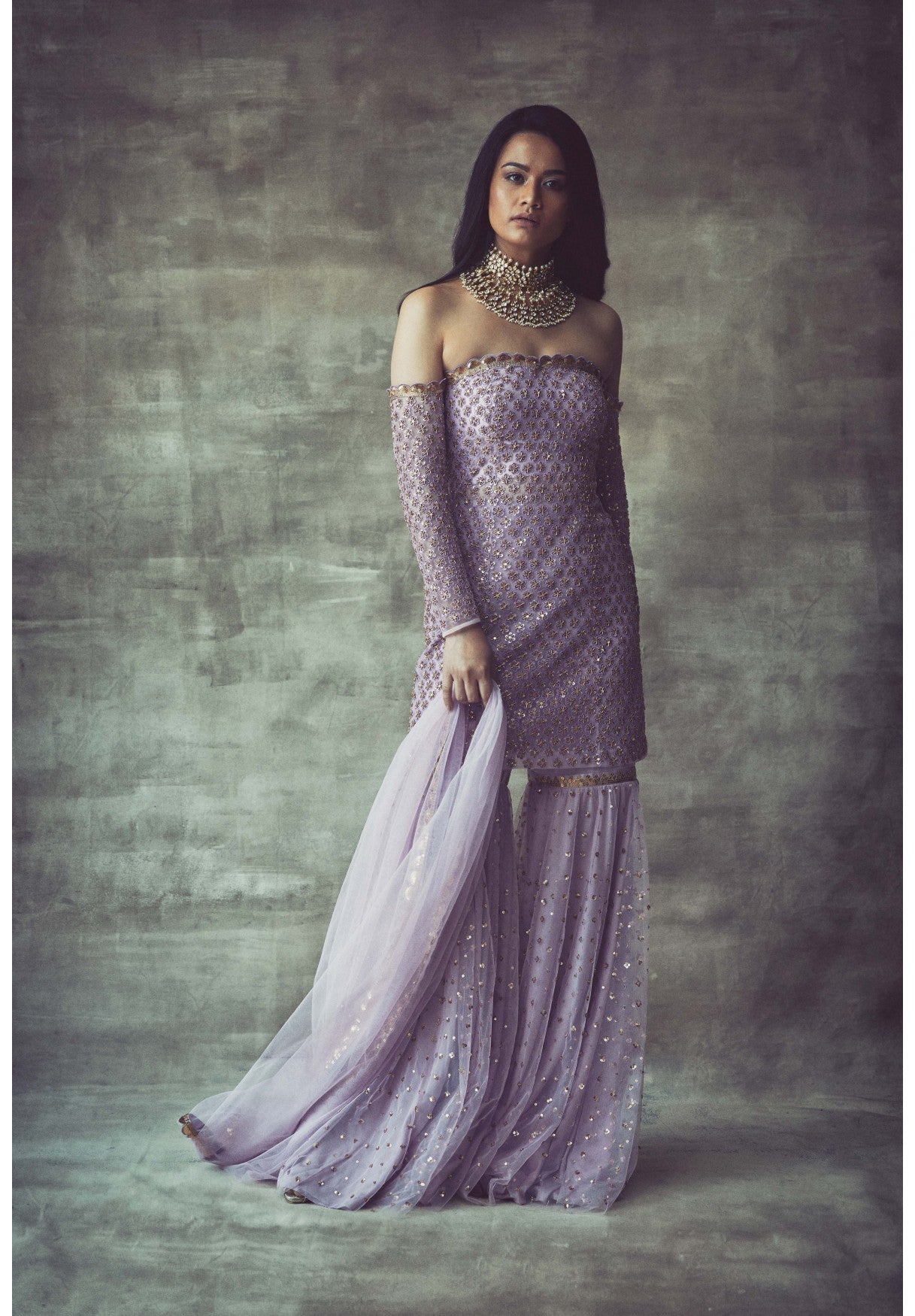 Lavender Off Shoulder Kurta Sharara Set