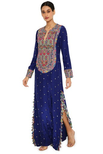 Adira Midnight Blue Colour Mukaish Silk Embroidered Kaftan