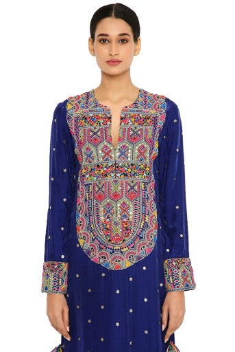 Adira Midnight Blue Colour Mukaish Silk Embroidered Kaftan