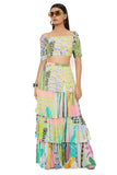AGNES TROPICAL PRINT GEORGETTE EMBROIDERED TOP WITH LAYERED FRONT SLIT SKIRT
