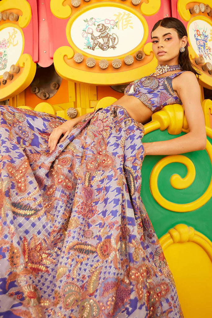 Dodger Blue Juna Organza Printed And Embellished Top And Skirt with Dupatta