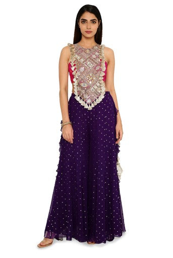 Alaine Hot Pink Colour Georgette Yoke Embroidered Bandhani Bustier And Purple Georgette Frill Sharara