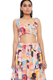 ALECIA TRANCE PRINT DENIM TOP WITH A HIGH LOW SKIRT