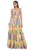 ALICE YELLOW ENCHANTED PRINT DUPION SILK EMBROIDERED BUSTIER AND SKIRT