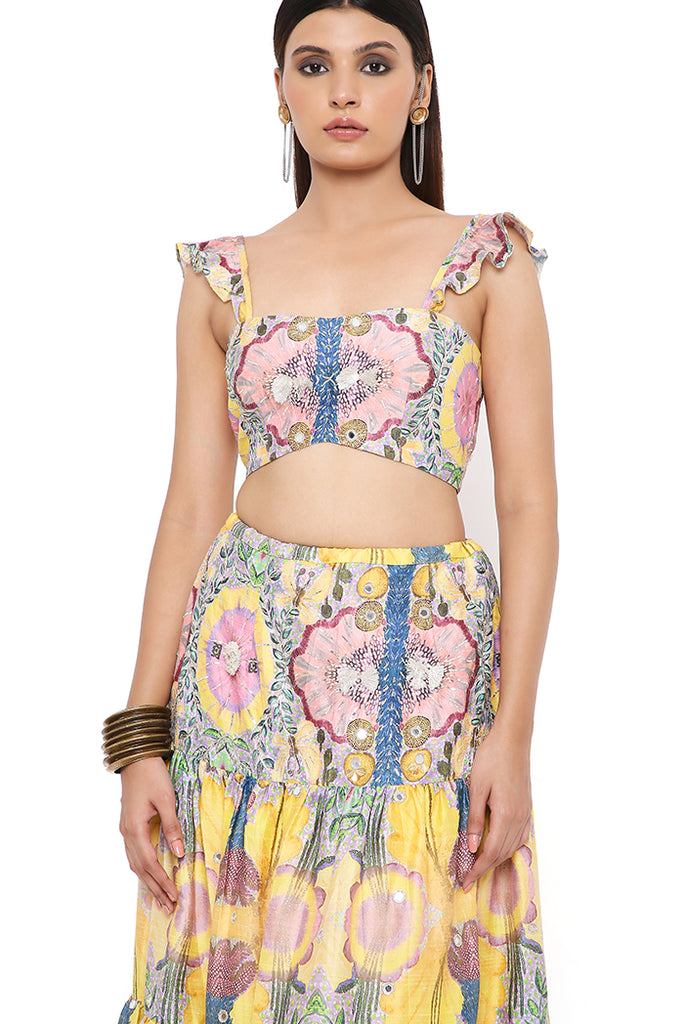 ALICE YELLOW ENCHANTED PRINT DUPION SILK EMBROIDERED BUSTIER AND SKIRT