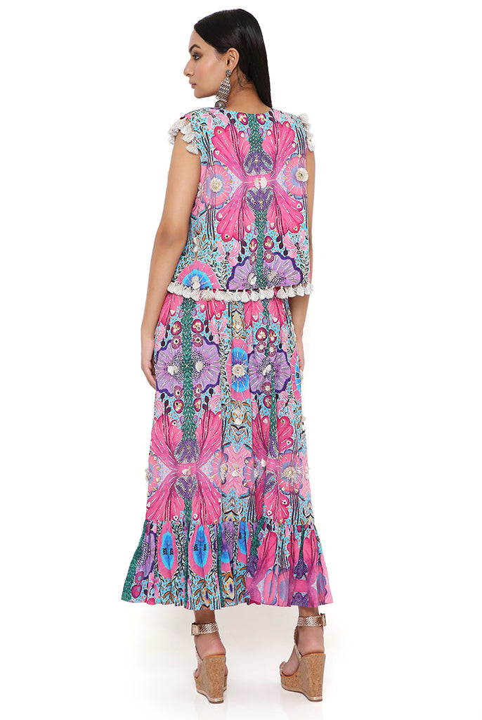AMALIE PINK BANDHANI SILK EMBROIDERED BUSTIER WITH PRINTED CREPE EMBROIDERED JACKET AND SKIRT
