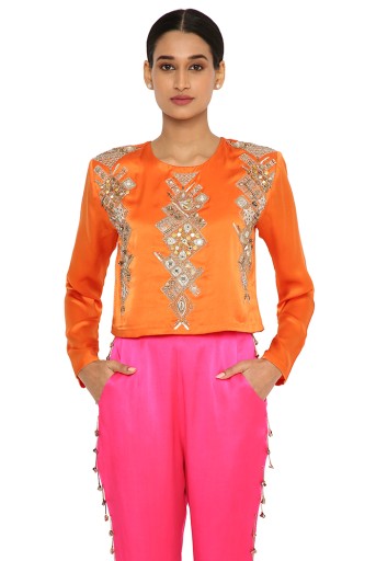 Amynah Orange Colour Satin Embroidered Top With Hot Pink Satin Pants