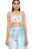 AQUA GEORGETTE EMBROIDERED BUSTIER WITH PAINTERLY DUPION SILK PRINTED EMBROIDERED PALAZZO