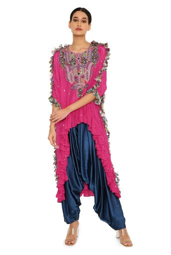 Asta Hot Pink Colour Silk Embroidered High-Low Kaftan With Midnight Blue Colour Salwaar