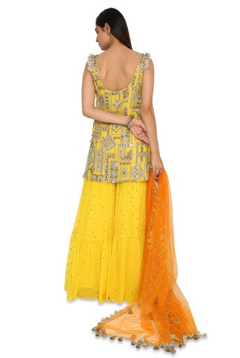 Banuka Yellow Colour Georgette Embroidered Kurta With Georgette Sharara And Net Dupatta
