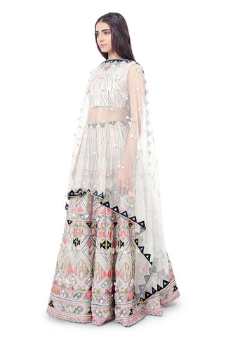 ANAKA OFF WHITE GEORGETTE LOTUS EMBROIDERED BLAZER AND PANTS