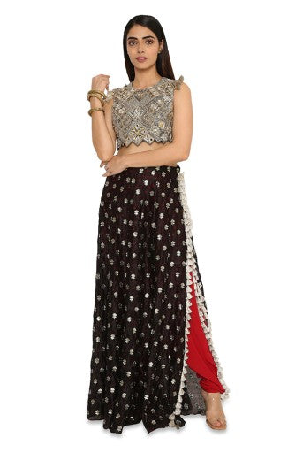 Bianca Black Colour Embroidered Choli With Black Bandhani Skirt And Maroon Colour Low Crotch Pants