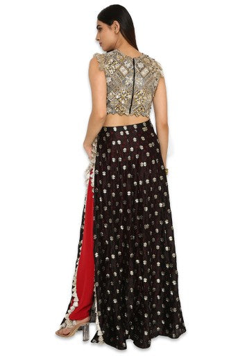 Bianca Black Colour Embroidered Choli With Black Bandhani Skirt And Maroon Colour Low Crotch Pants