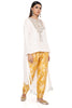 CHAANTARA OFF WHITE ABLA SILK EMBROIDERED HIGH LOW KURTA WITH MUSTARD BROCADE CONSTRUCTED PANTS