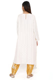 CHAANTARA OFF WHITE ABLA SILK EMBROIDERED HIGH LOW KURTA WITH MUSTARD BROCADE CONSTRUCTED PANTS