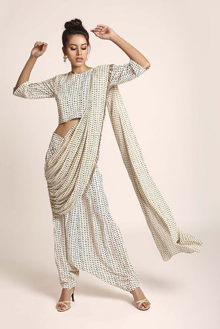 cream printed art crepe crop top and low crotch pant with attached printed art georgette drape a0 large