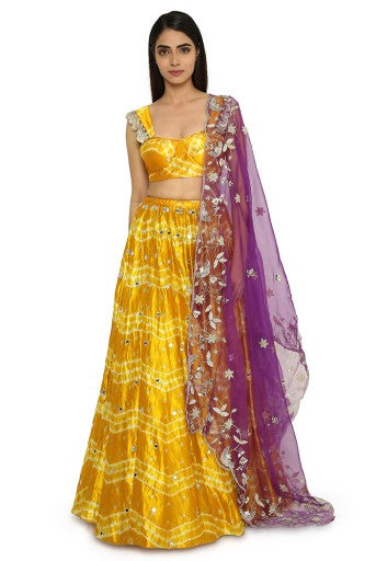 Daksha Mustard Colour Leheriya Silk Bustier With Embroidered Lehenga And Purple Organza Dupatta