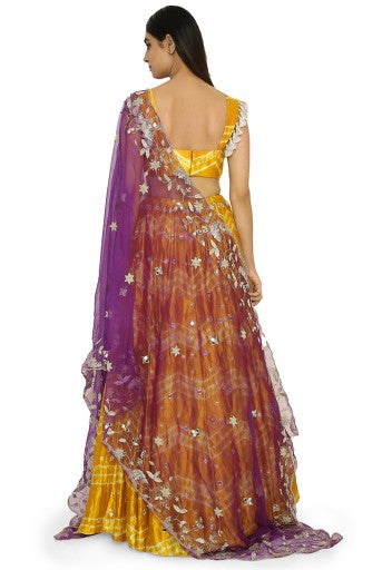Daksha Mustard Colour Leheriya Silk Bustier With Embroidered Lehenga And Purple Organza Dupatta