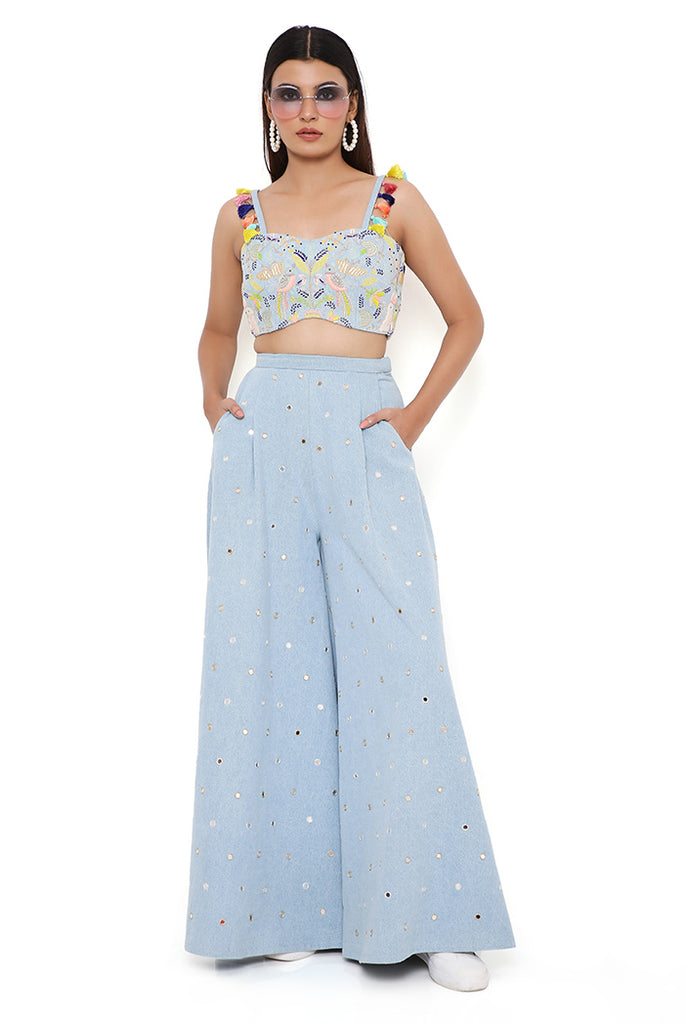 DENIM EMBROIDERED BUSTIER WITH FLARED PANTS