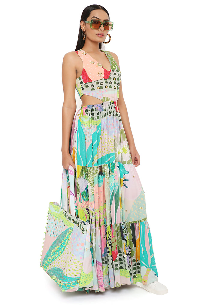EMMA TROPICAL PRINT GEORGETTE EMBROIDERED CUT OUT DRESS