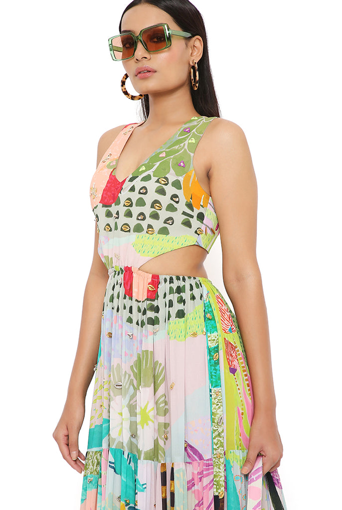 EMMA TROPICAL PRINT GEORGETTE EMBROIDERED CUT OUT DRESS