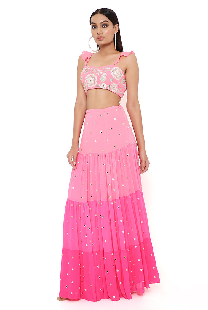 FLORENCE CORAL GEORGETTE EMBROIDERED TOP WITH CORAL AND PINK OMBRE SKIRT
