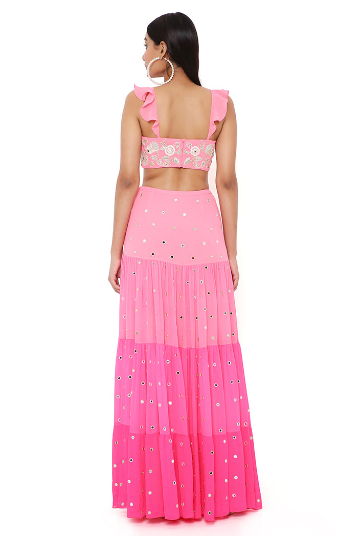 FLORENCE CORAL GEORGETTE EMBROIDERED TOP WITH CORAL AND PINK OMBRE SKIRT