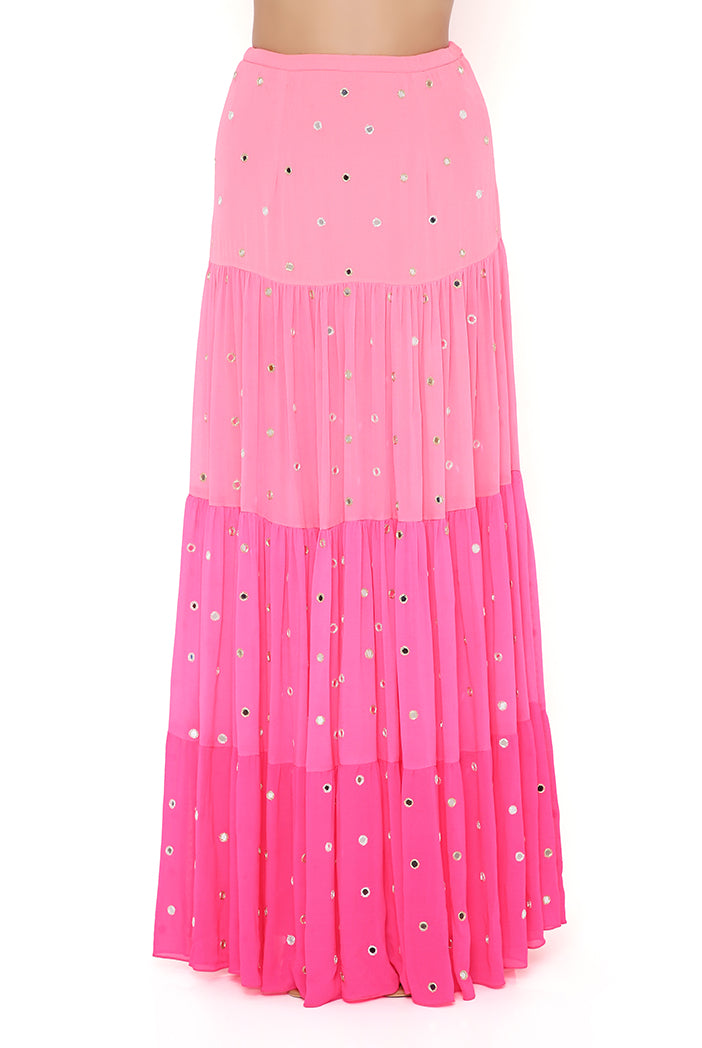 FLORENCE CORAL GEORGETTE EMBROIDERED TOP WITH CORAL AND PINK OMBRE SKIRT