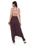 GREY GEORGETTE EMBROIDERED CROP TOP WITH PURPLE MUKAISH GEORGETTE LOW CROTCH PANTS