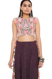 GREY GEORGETTE EMBROIDERED CROP TOP WITH PURPLE MUKAISH GEORGETTE LOW CROTCH PANTS