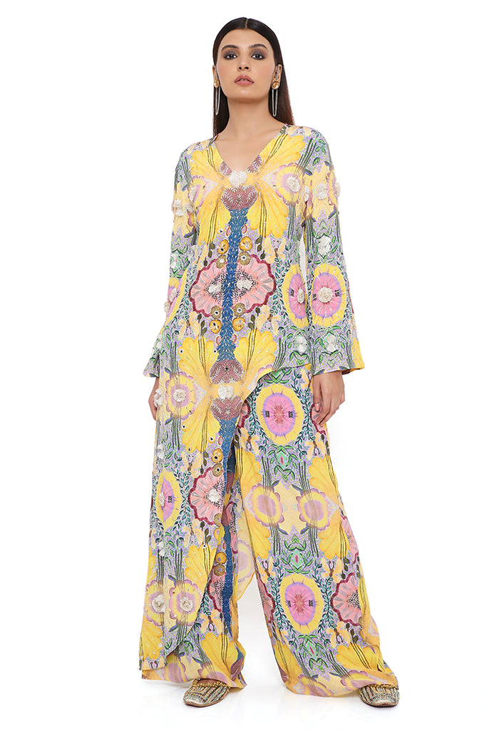 HELEN YELLOW ENCHANTED PRINT CREPE EMBROIDERED KURTA WITH CROPPED PALAZZO