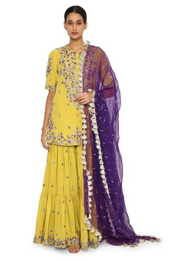 Imani Lime Green Colour Embroidered Kurta And Sharara With Purple Organza Dupatta