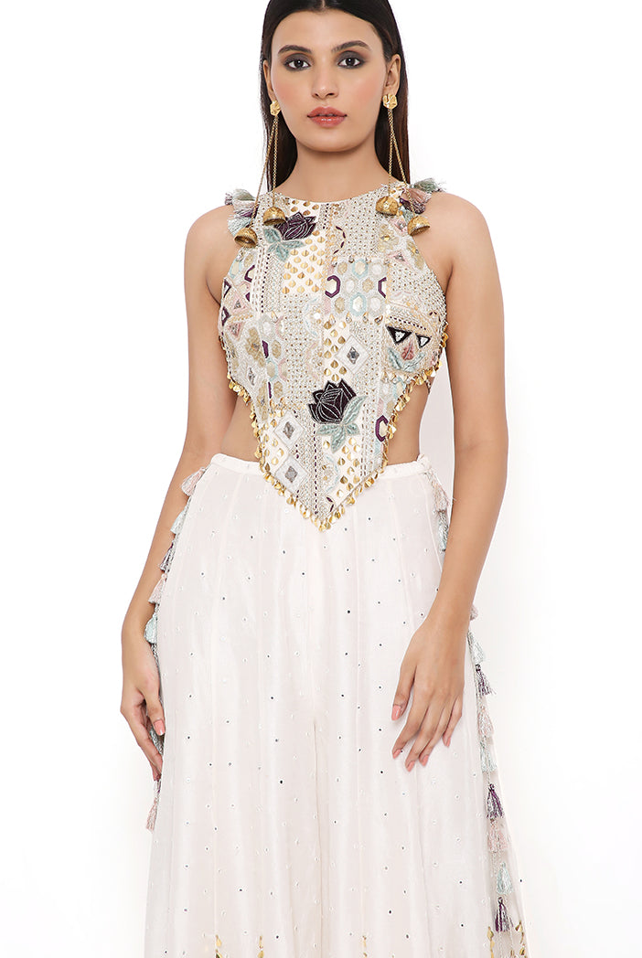 IRA OFF WHITE GEORGETTE EMBROIDERED CHOLI WITH ABLA SILK SHARARA