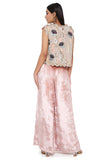 JIYA ROSE PINK GEORGETTE EMBROIDERED SCALLOP JACKET WITH FRONT EMBROIDERED BUSTIER AND PALAZZO