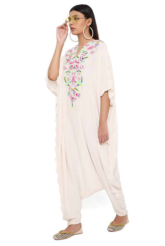 KARA STONE CREPE EMBROIDERED JUMPSUIT WITH SCALLOPED EDGES