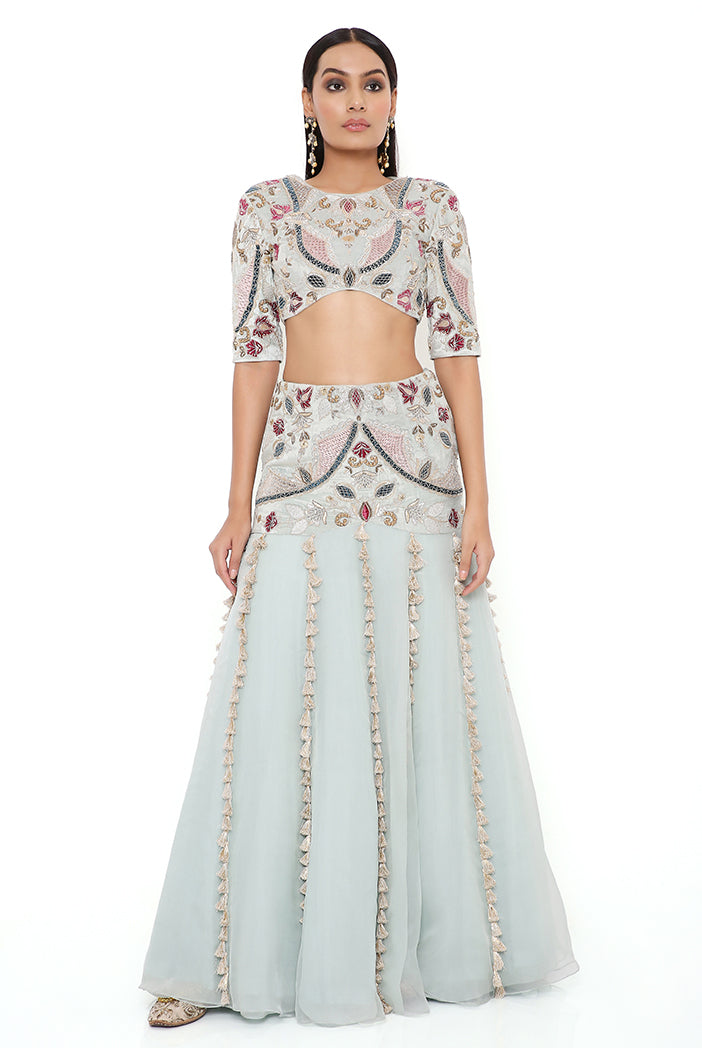 KRESHA POWDER BLUE EMBROIDERED CHOLI AND VELVET EMBROIDERED BASQUE ORGANZA LEHENGA WITH NET DUPATTA