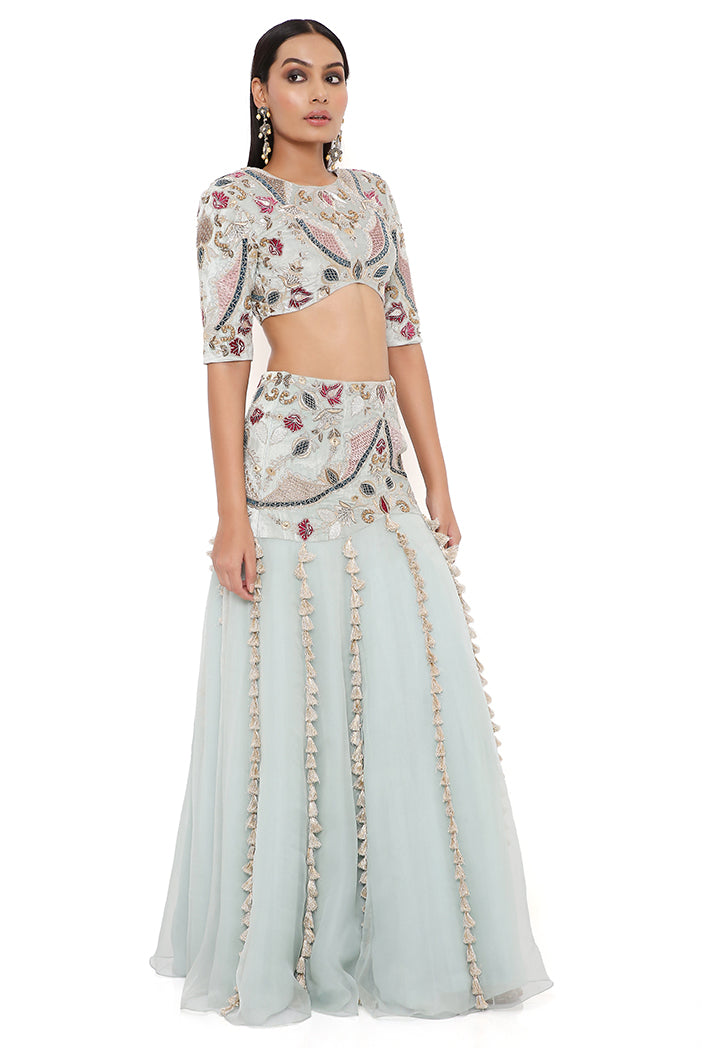 KRESHA POWDER BLUE EMBROIDERED CHOLI AND VELVET EMBROIDERED BASQUE ORGANZA LEHENGA WITH NET DUPATTA