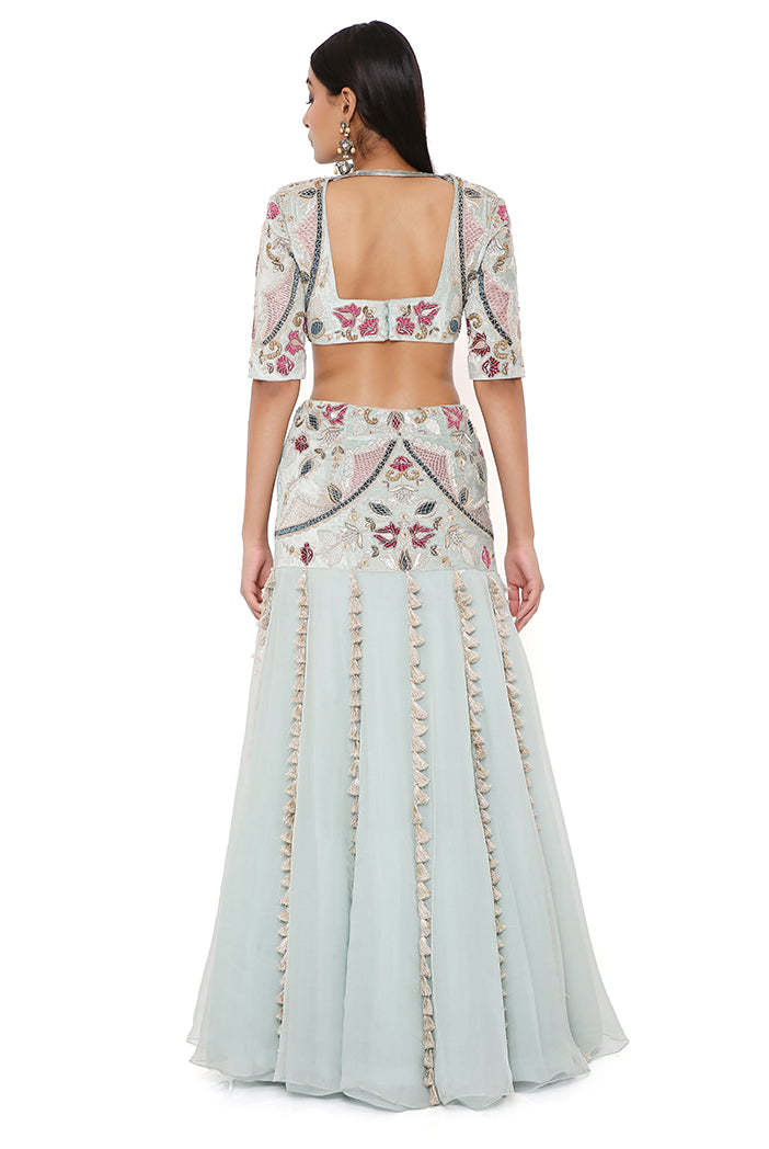 KRESHA POWDER BLUE EMBROIDERED CHOLI AND VELVET EMBROIDERED BASQUE ORGANZA LEHENGA WITH NET DUPATTA