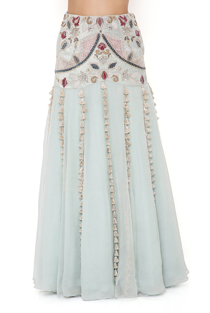 KRESHA POWDER BLUE EMBROIDERED CHOLI AND VELVET EMBROIDERED BASQUE ORGANZA LEHENGA WITH NET DUPATTA