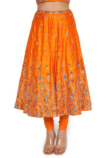 Lisa Orange Bandhani Embroidered Choli And Skirt With Attached Soft Net Churidar