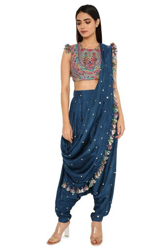Maori Midnight Blue Colour Embroidered Choli With Mukaish Silk Low Crotch Pants With Attached Drape