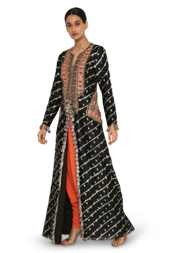 Maya Black Leheriya Banarasi Silk Embroidered Kurta With Orange Colour Georgette Pants
