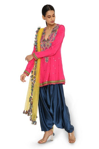 Medinna Hot Pink Colour Embroidered Kurta With Midnight Blue Colour Salwar And Yellow Net Dupatta